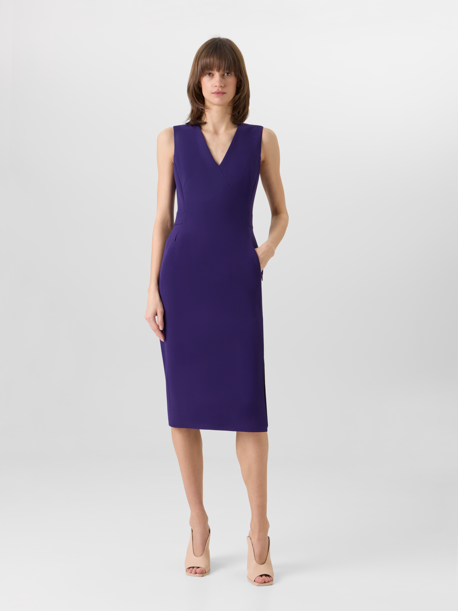 Designer Sleeveless Bi-Stretch Wool Double-Face Shift Dress - purple 