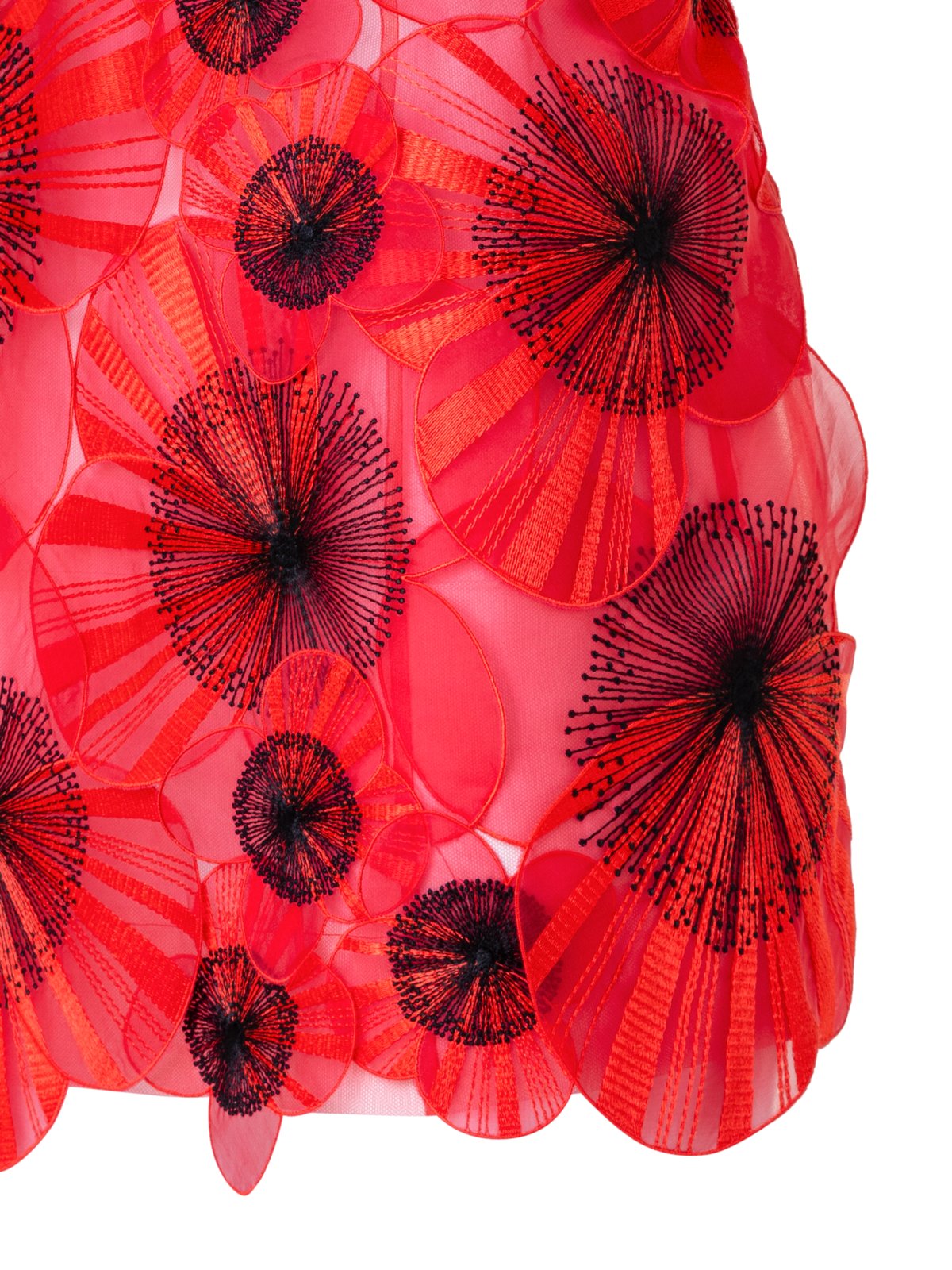 Designer Short Open Back Dress with Poppy Embroidery - red