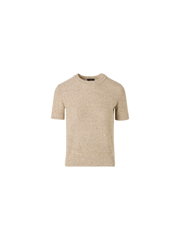 Designer Short-Sleeve Linen Cotton with Micro Sequins Knit Sweater - beige