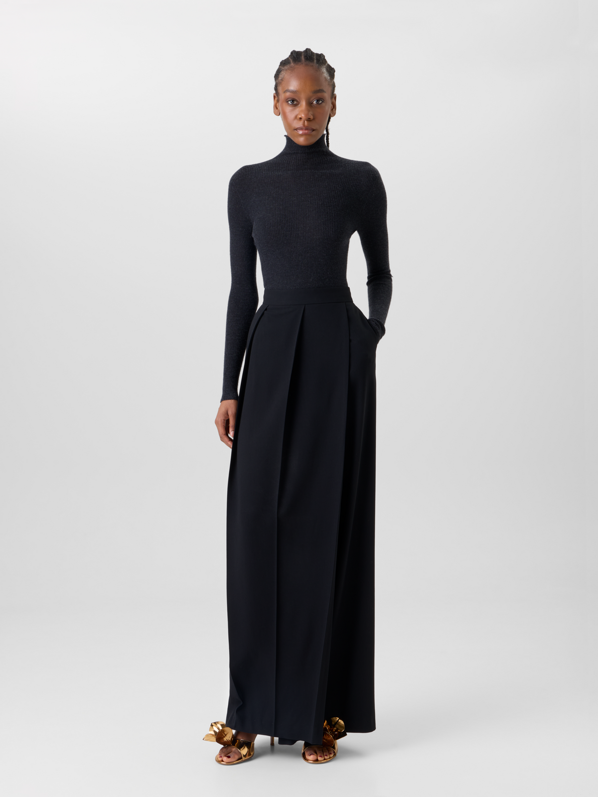 Designer Fine Rib Cashmere Silk Mock Neck Sweater - grey #editorial