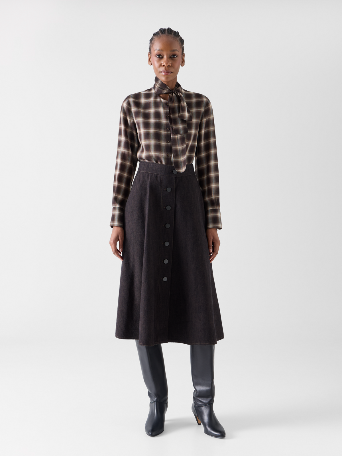 Designer Flared Midi Skirt in Brushed Winter Denim - brown #editorial