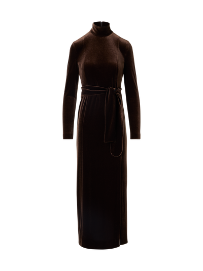 Designer Fitted Maxi Dress in Techno Stretch Velvet - brown