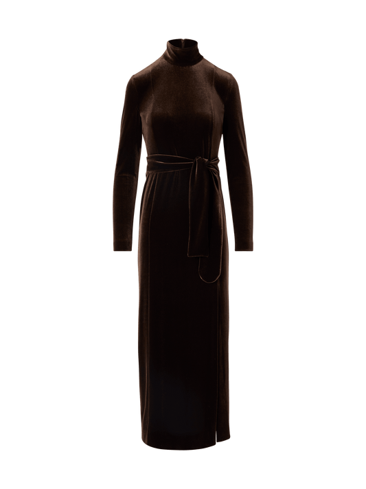 Designer Fitted Maxi Dress in Techno Stretch Velvet - brown