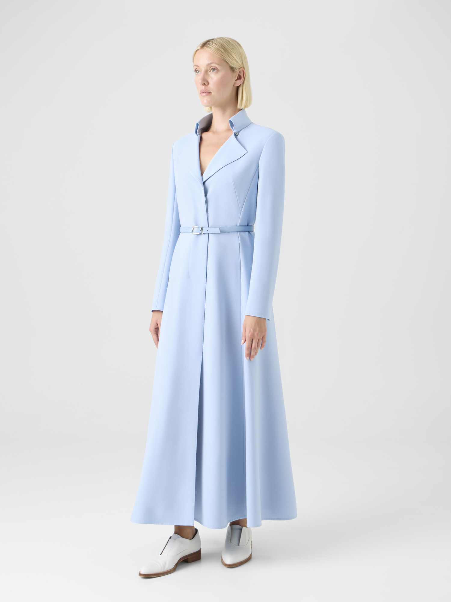 Designer Wool Double-Face Midi Dress with Belt - blue 