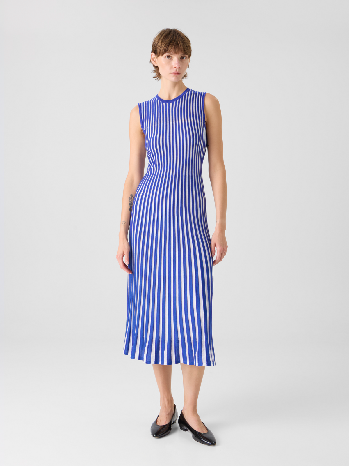 Two Tone Rib Knit Dress with Sheer Shoulders Lapis blue-ecru / 8