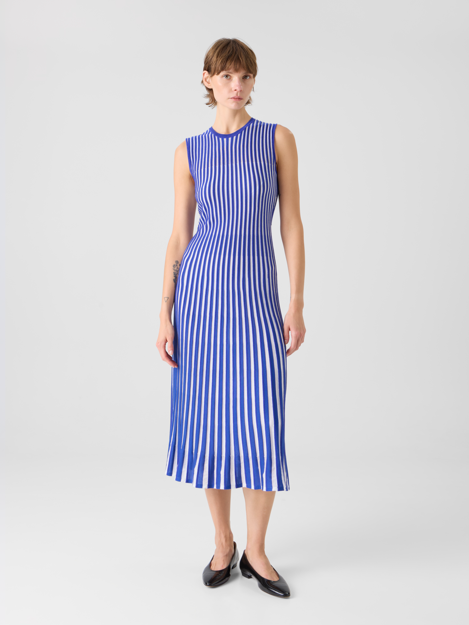 Designer Two Tone Rib Knit Dress with Sheer Shoulders - blue 