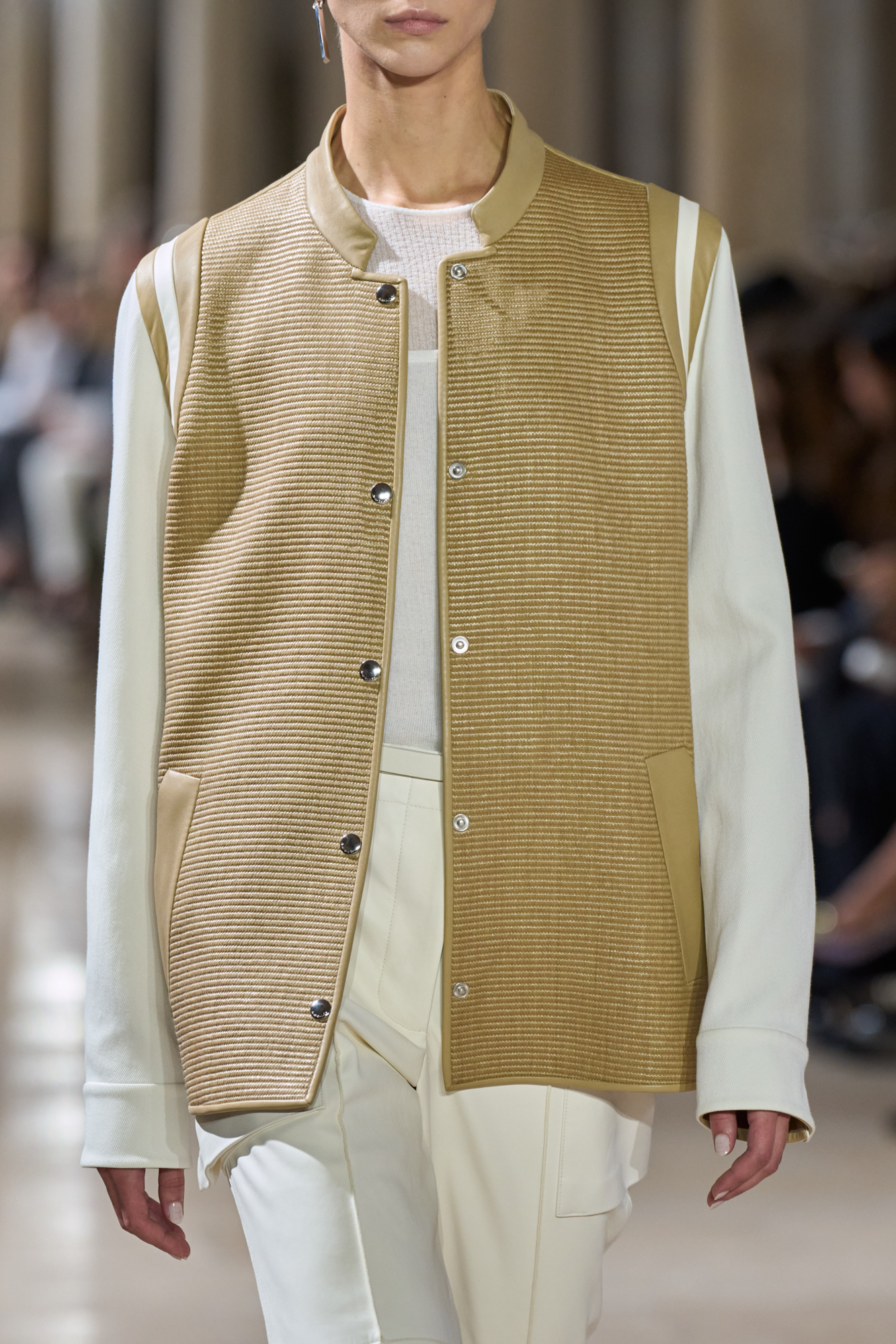 Designer Varsity Jacket in Cotton Raffia and Leather - neutral - multicolor - beige 
