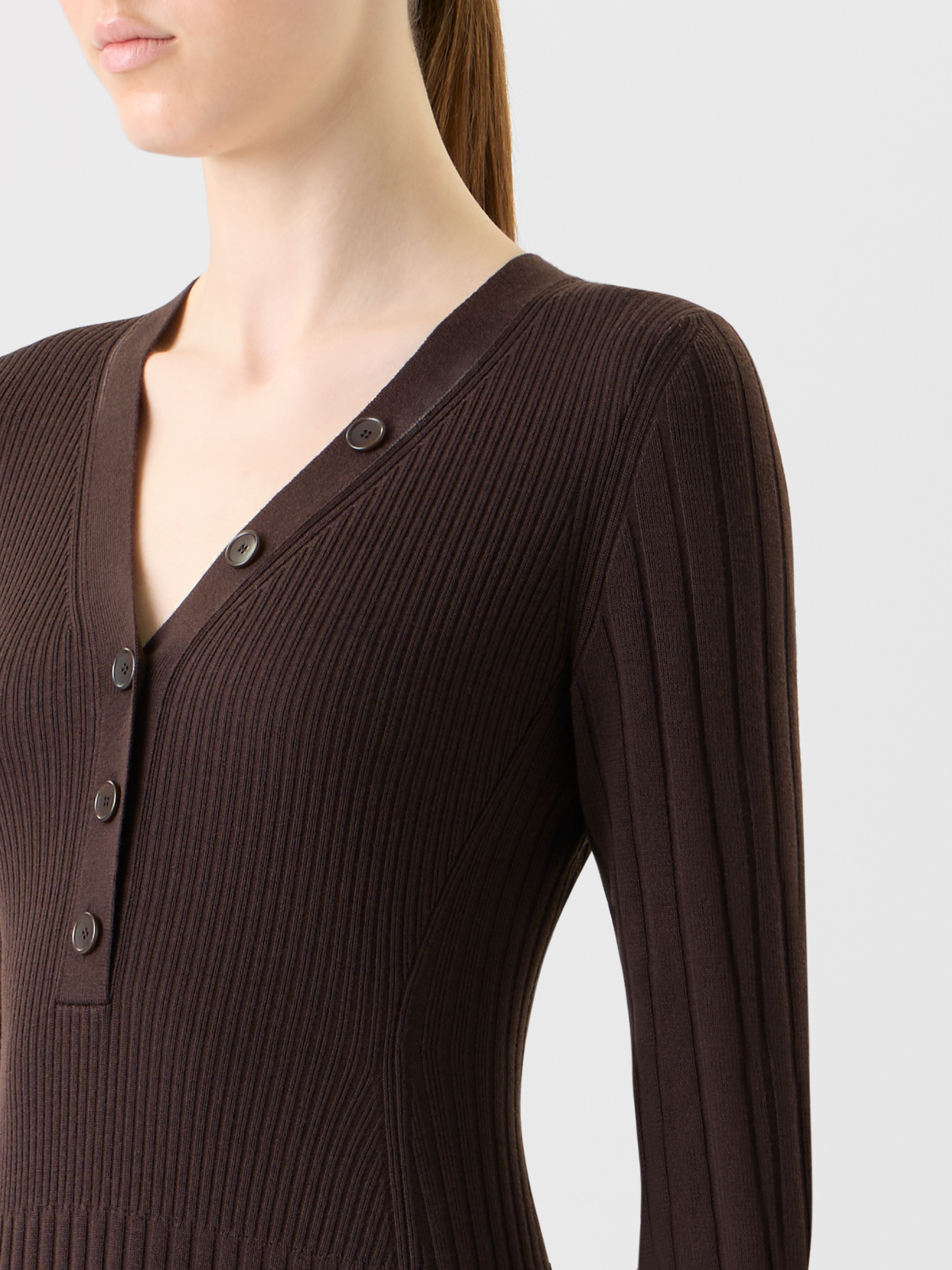 Designer Henley V-Neck Merino Wool Knit Midi Dress - neutral - brown #editorial