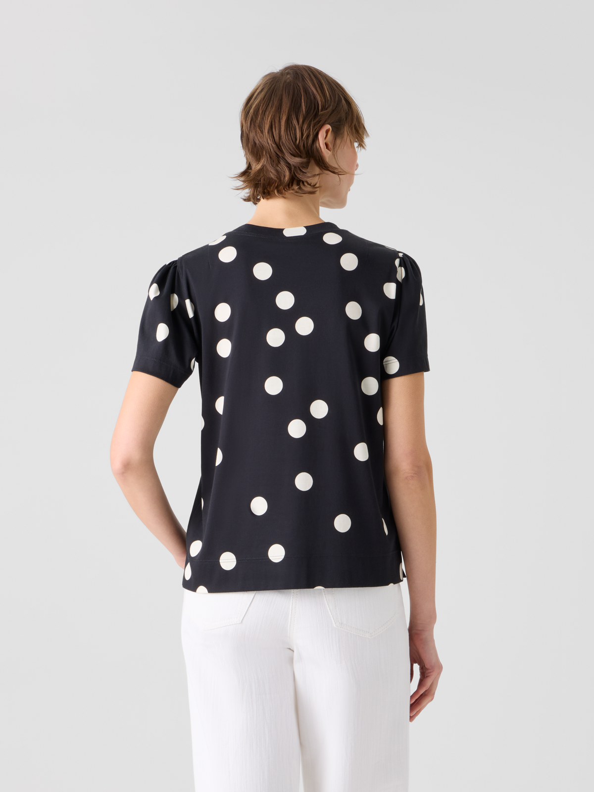 Designer Polka Dot Cotton Jersey T-Shirt with Puff Sleeves - black