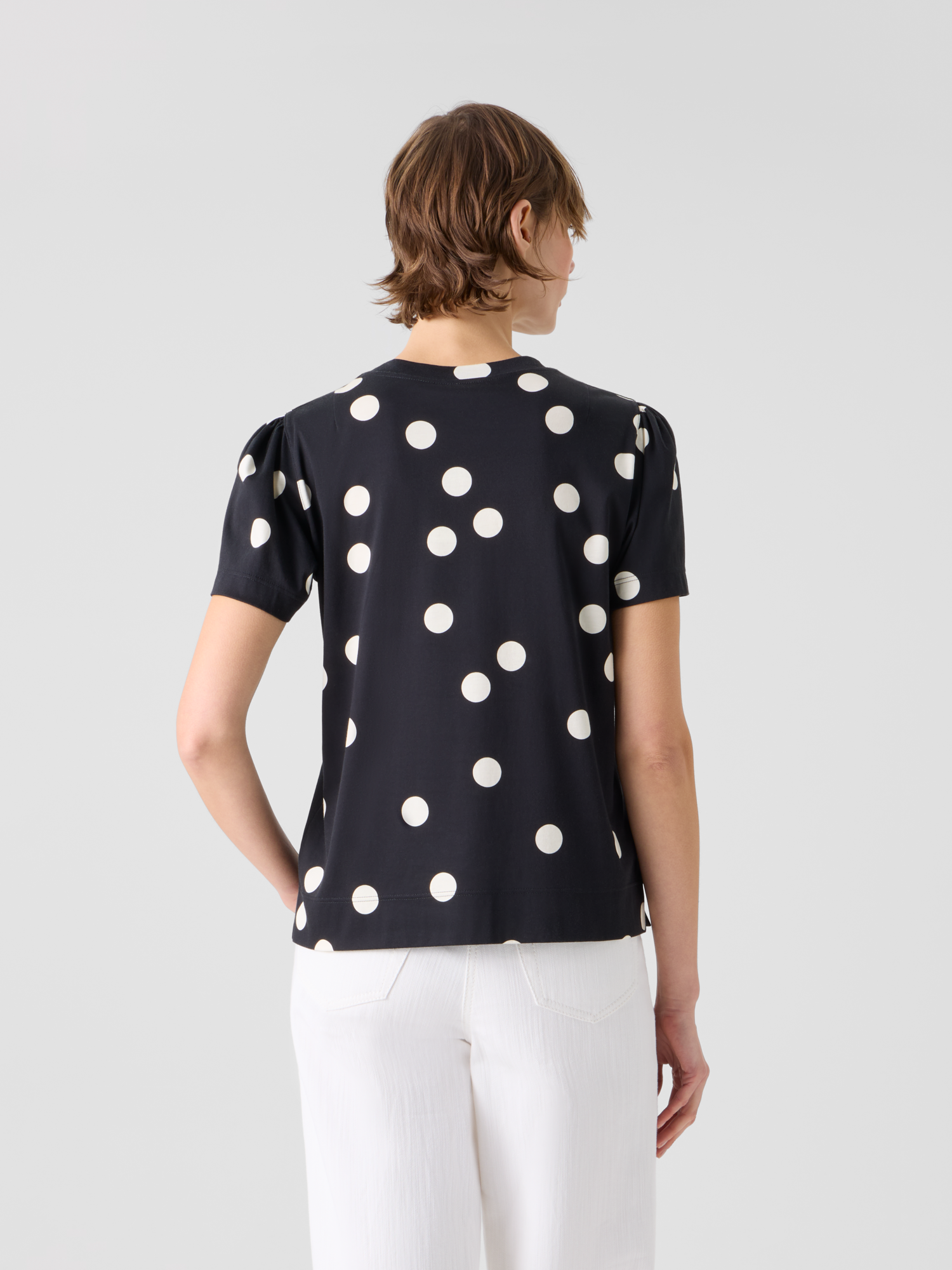 Designer Polka Dot Cotton Jersey T-Shirt with Puff Sleeves - black