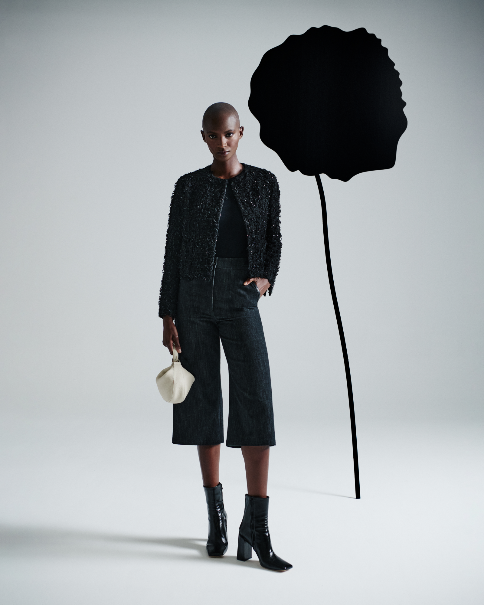 Designer Short Jacket with Micro Sequins Fringed Bouclé - black 