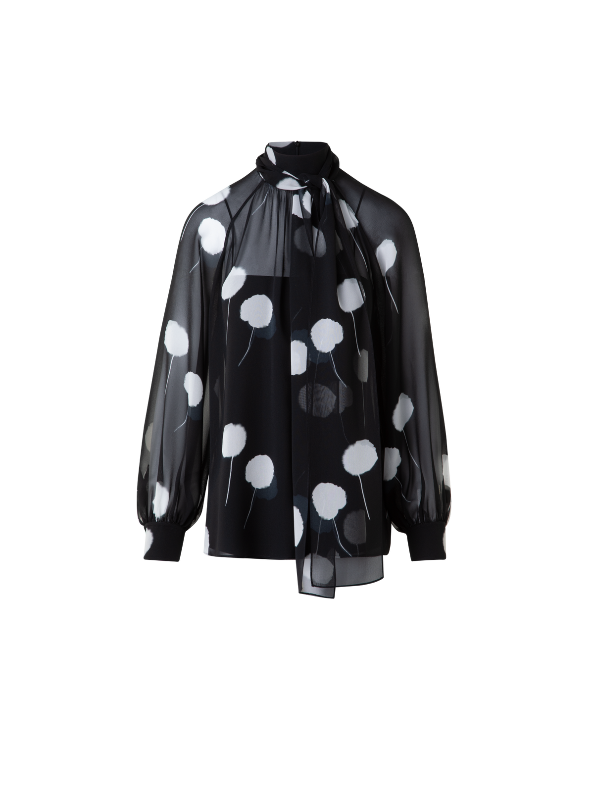 Designer Bow Tie Blouse in Silk with Dandelion Print  - black - multicolor