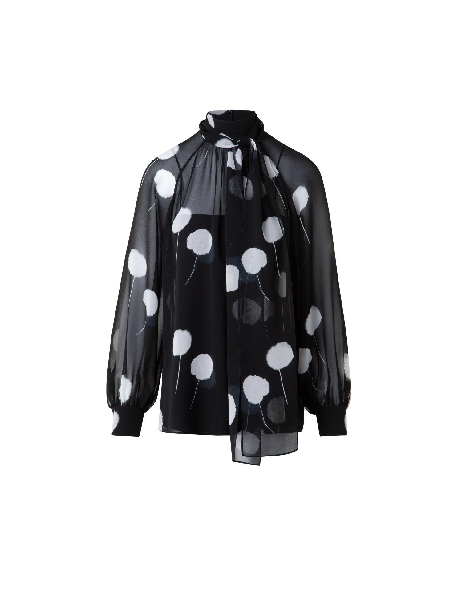 Designer Bow Tie Blouse in Silk with Dandelion Print  - black - multicolor