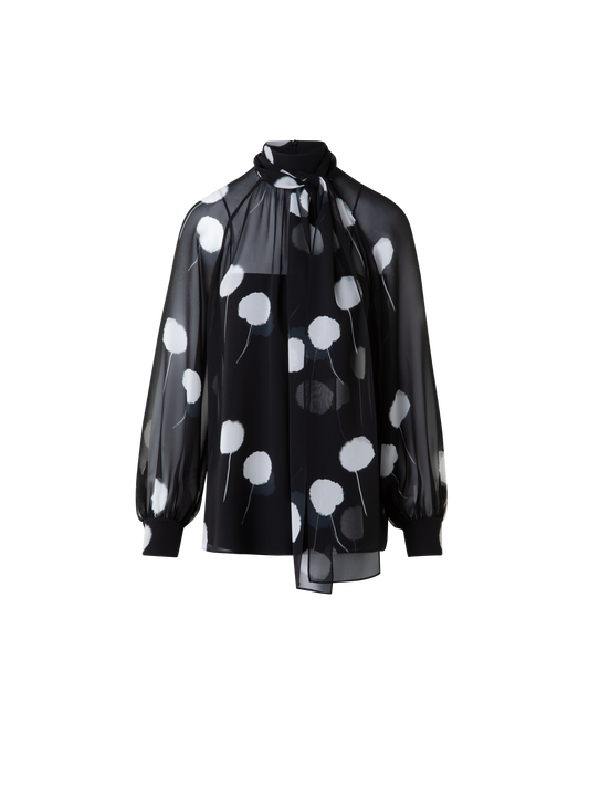 Designer Bow Tie Blouse in Silk with Dandelion Print  - black - multicolor