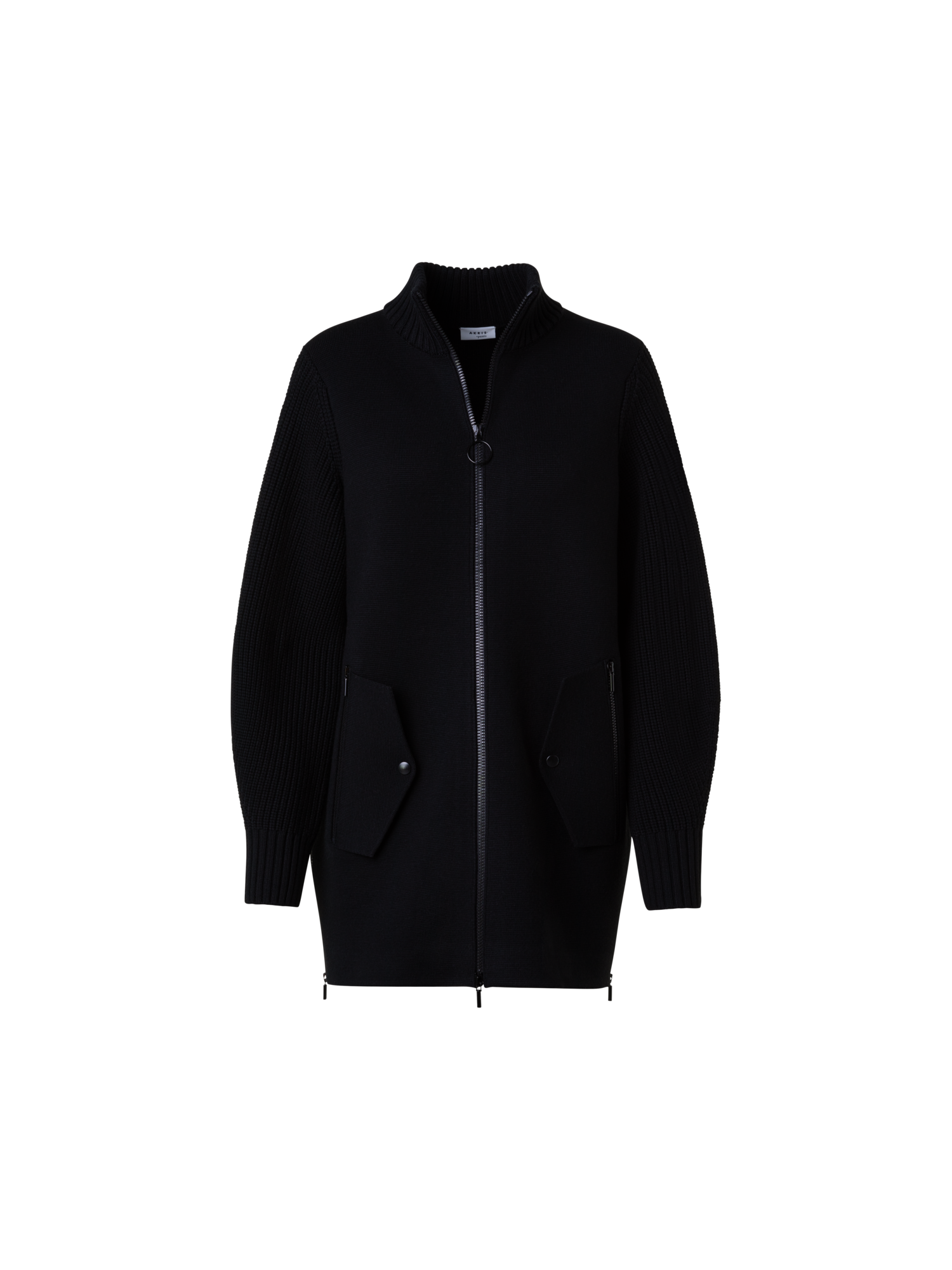 Designer Long Knit Bomber Jacket in Stretch Merino Wool - black