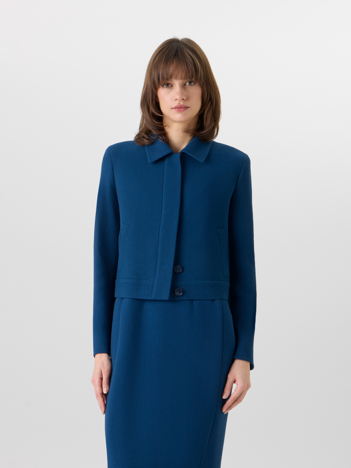 Designer Kato Short Jacket in Wool-Crêpe Double-Face - blue #editorial