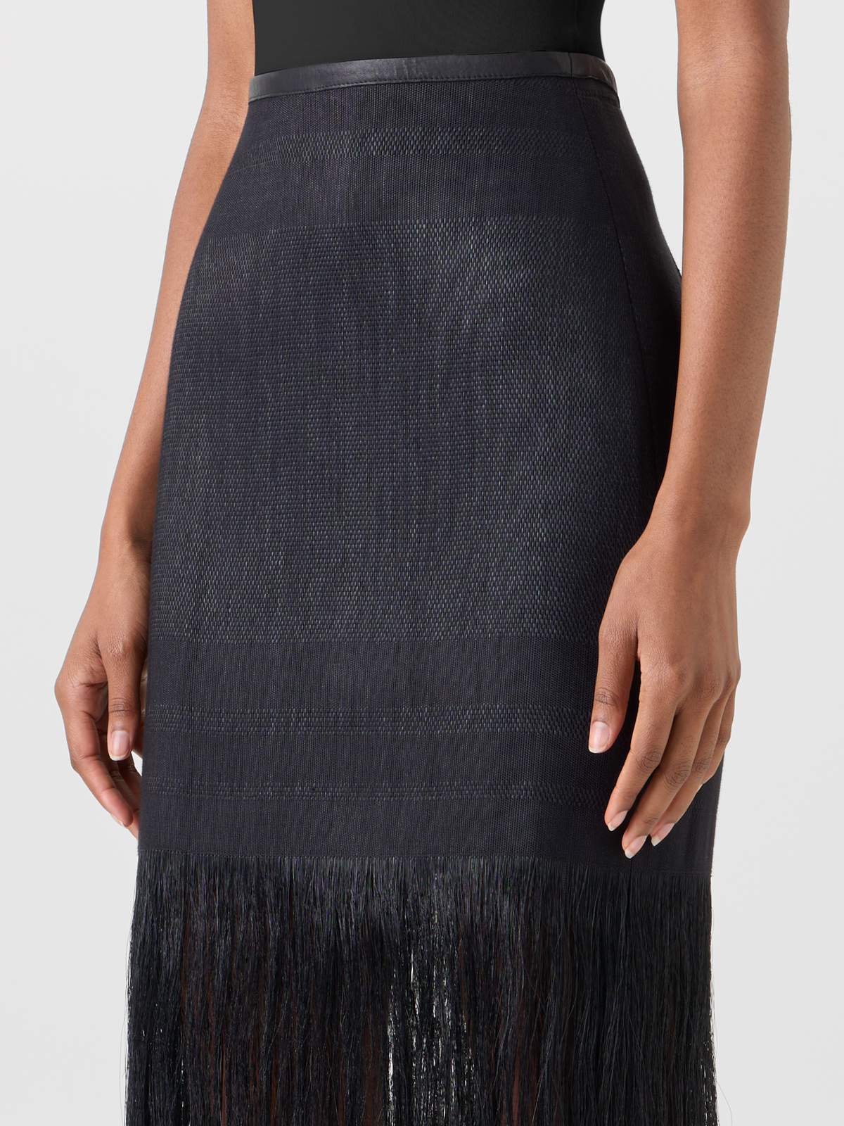 Designer Horsehair Pencil Skirt with Fringed Hem - black 
