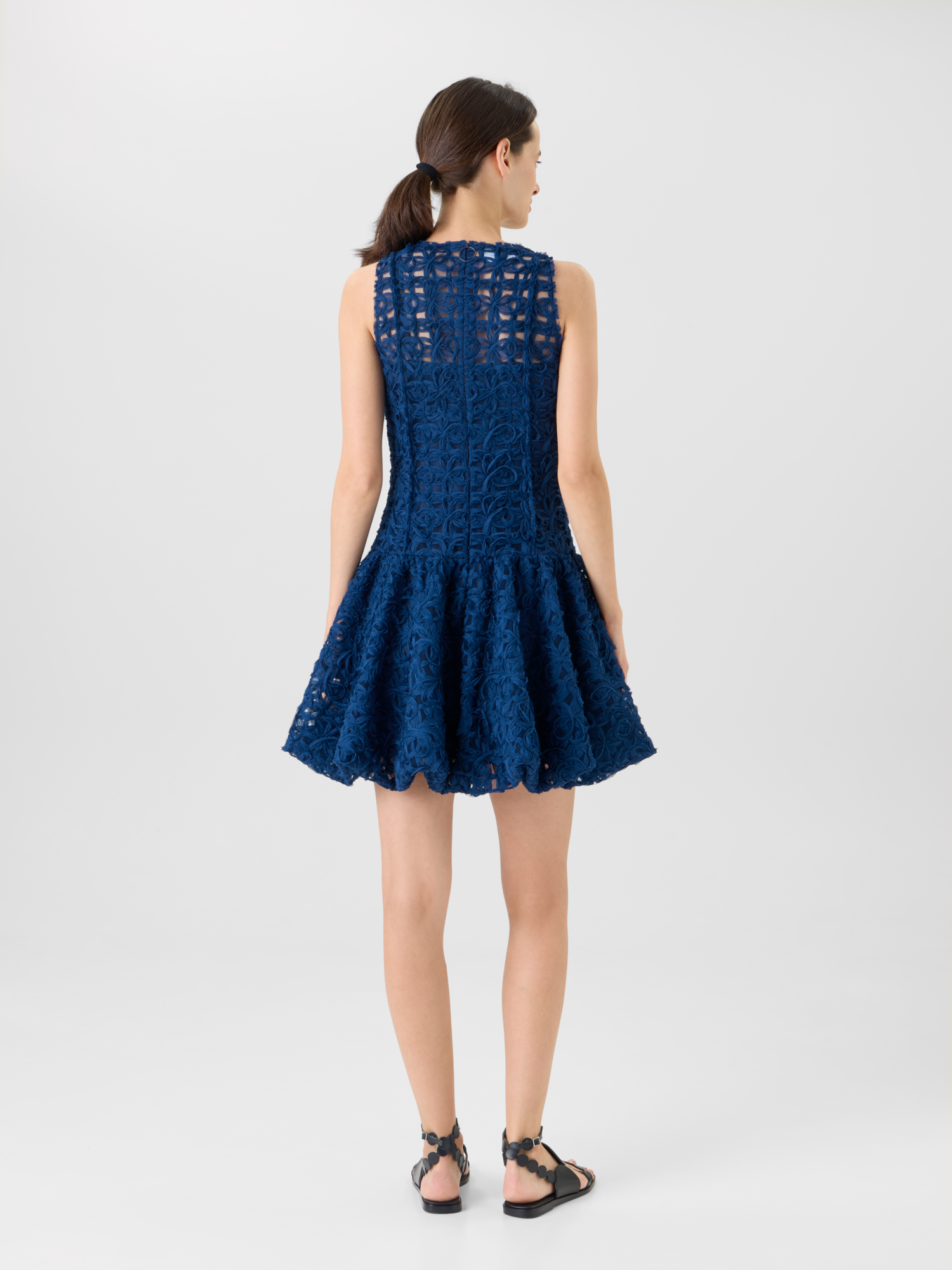Designer Flounced Mini Dress in 3D Scribble Tulle - navy