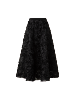 Designer A-Line Midi Skirt with 3D Carnation Embroidery - black
