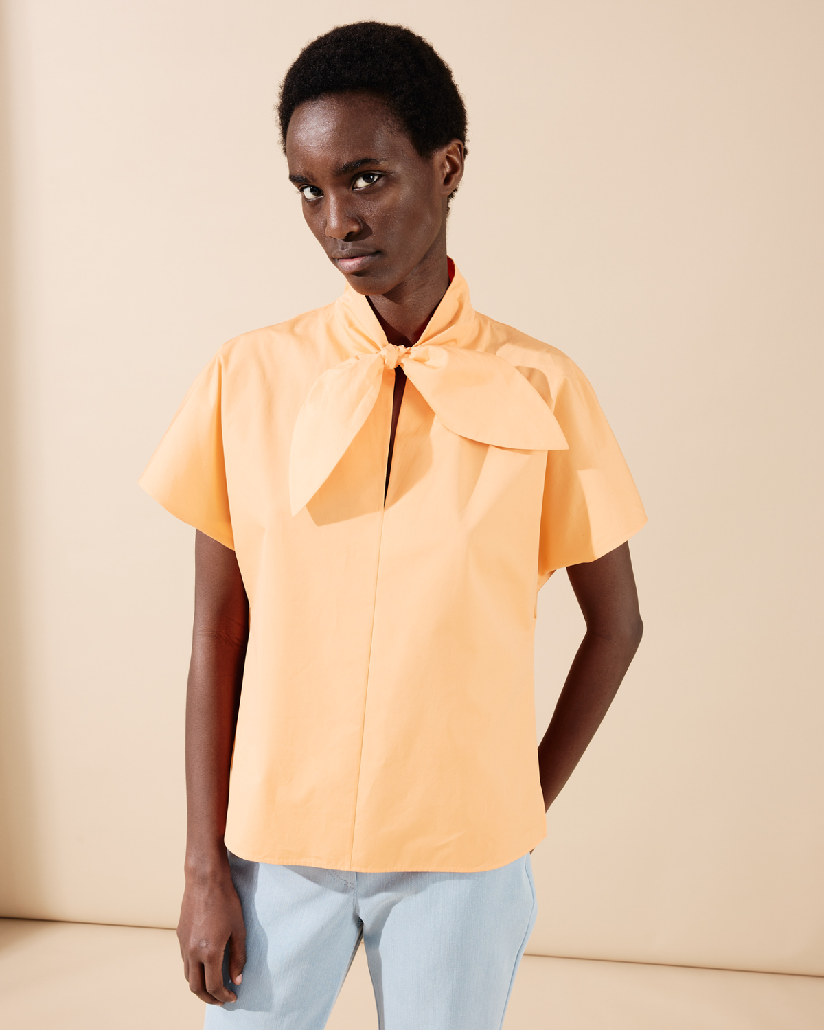 Designer Cotton Blouse with Collar Knot - pastel - orange #editorial