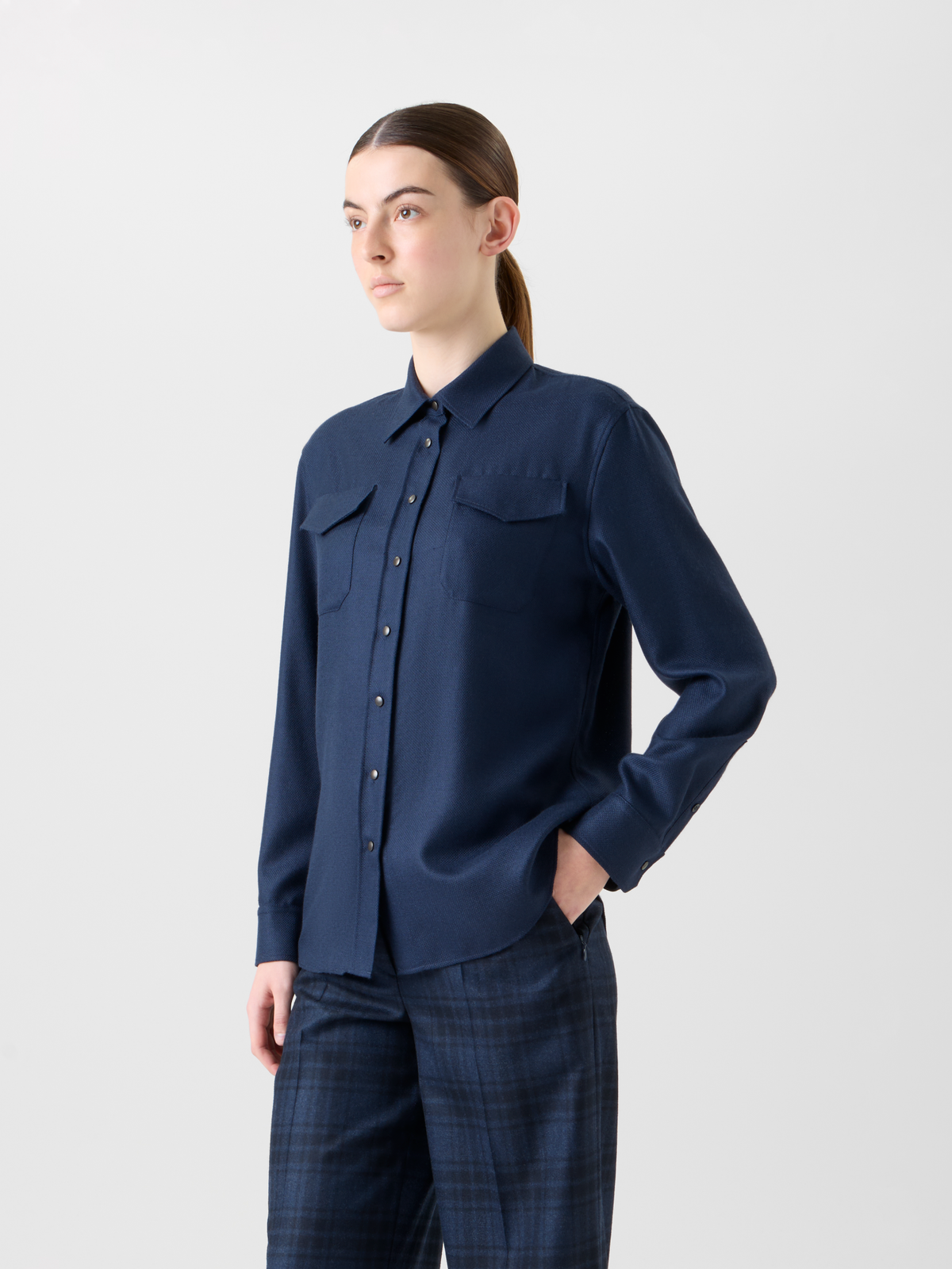 Designer Shirt Blouse in Panama Cashmere - neutral - navy - blue #editorial