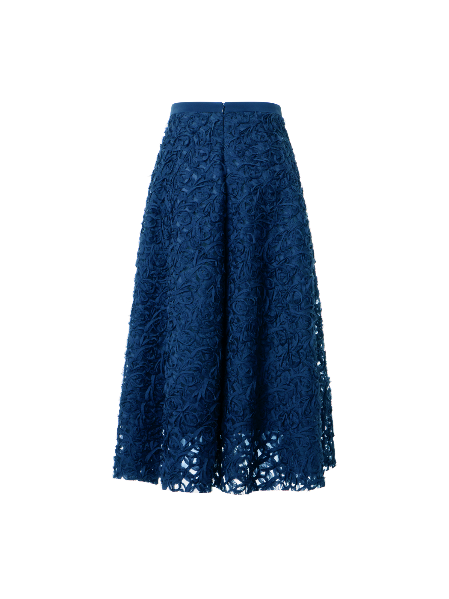 Designer Flared Carnation Embroidered Tulle Midi Skirt - navy - blue
