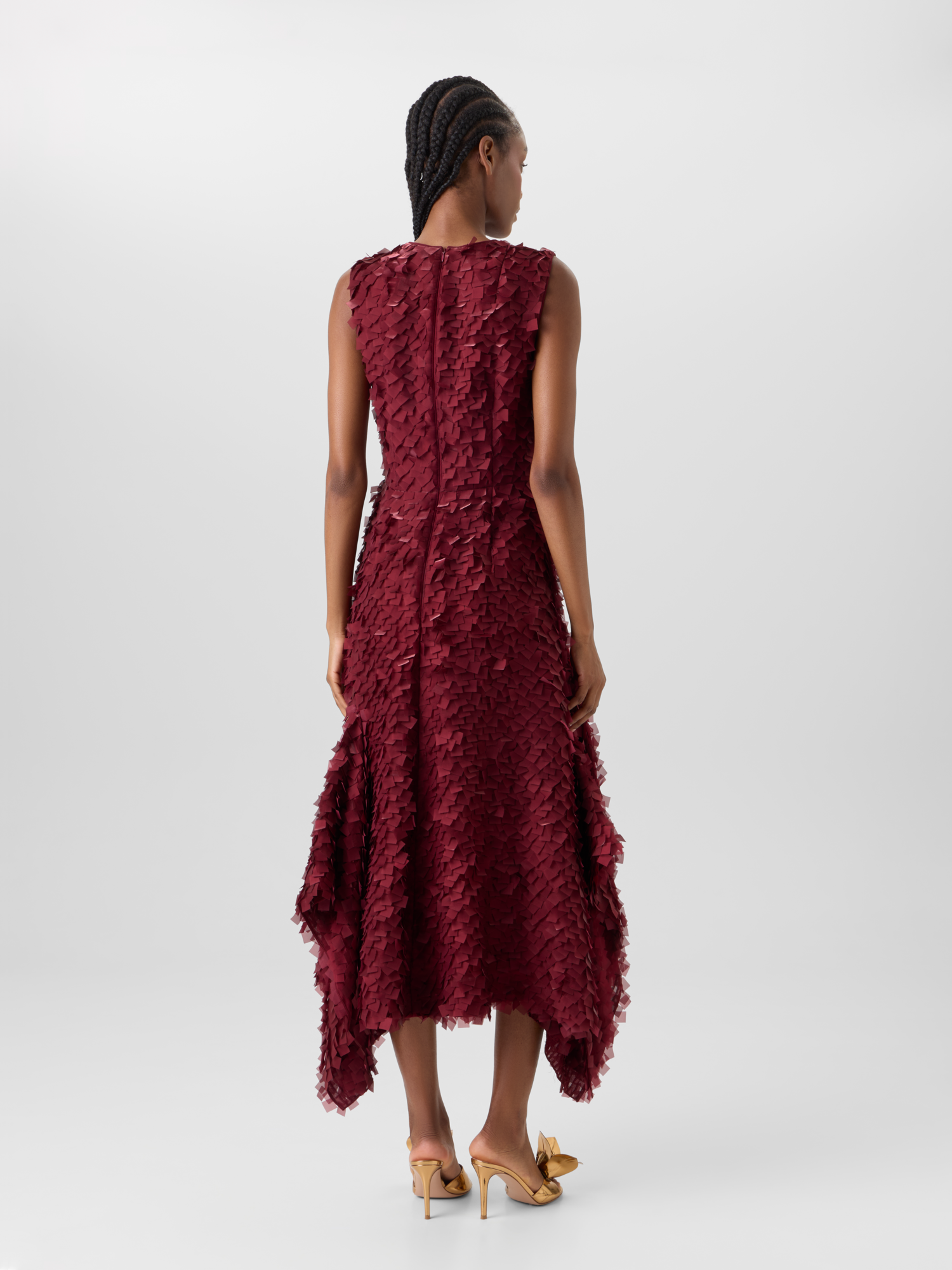 Designer Asymmetrical Midi Dress in Layered Organza Tiles - red 
