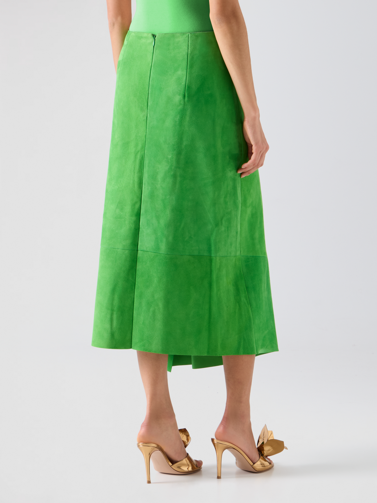 Designer Asymmetrical Skirt with Front Gathering in Suede - green 