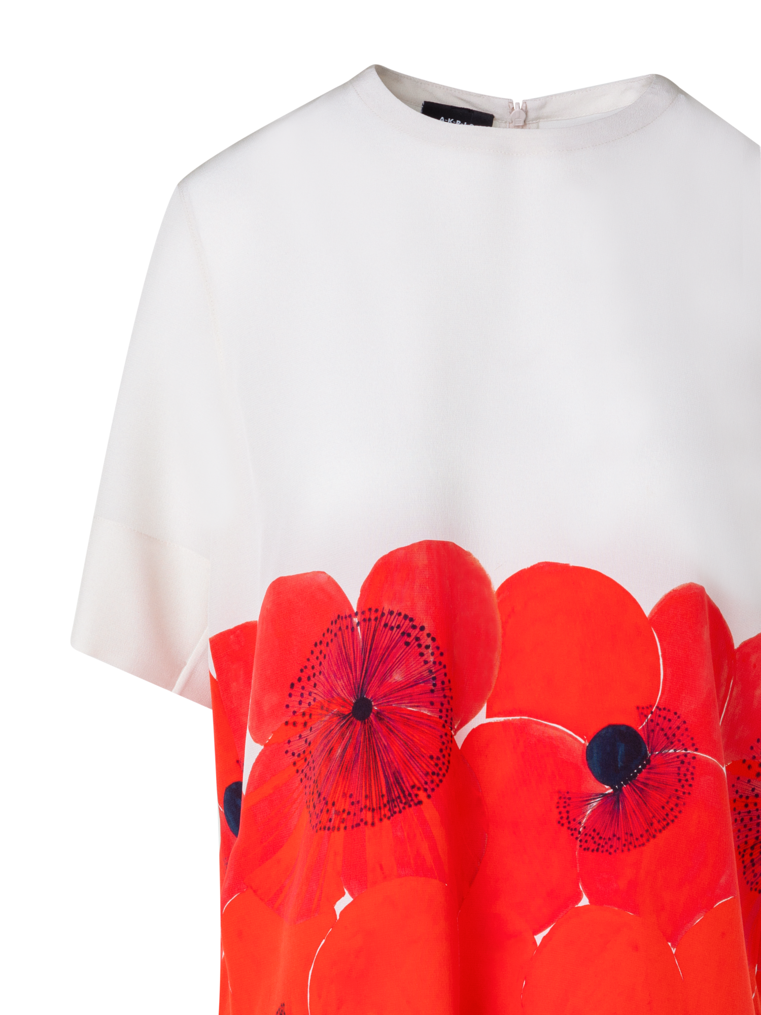 Designer Silk T-Shirt Blouse with Poppy Print - red