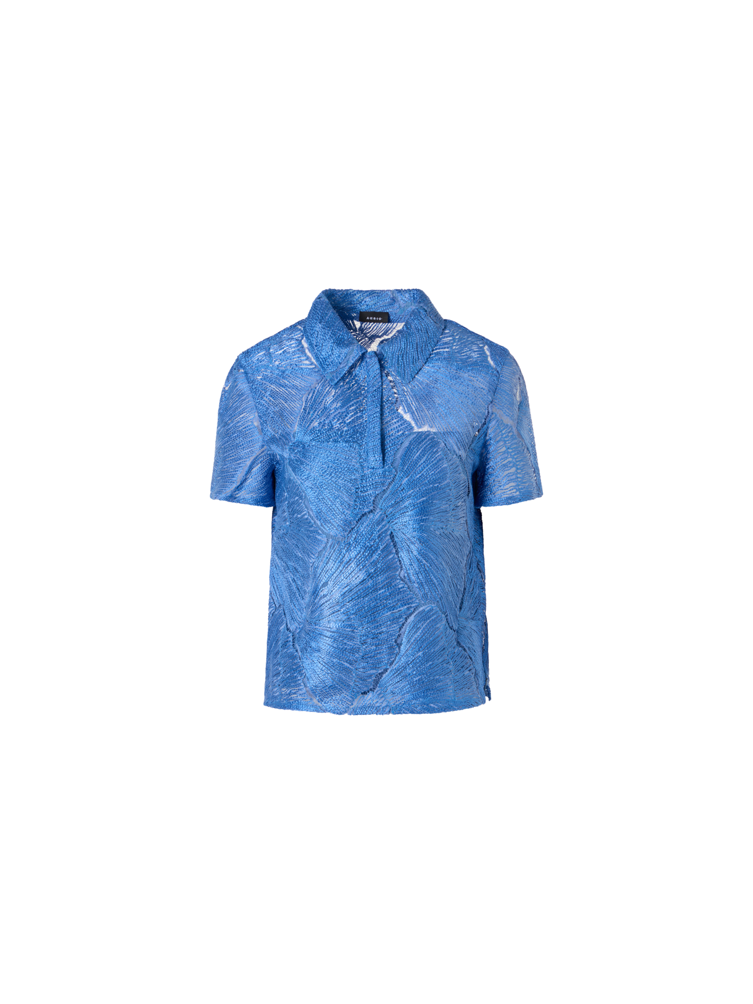 Designer Polo Blouse in Lacquered Sea Fan Lace  - blue