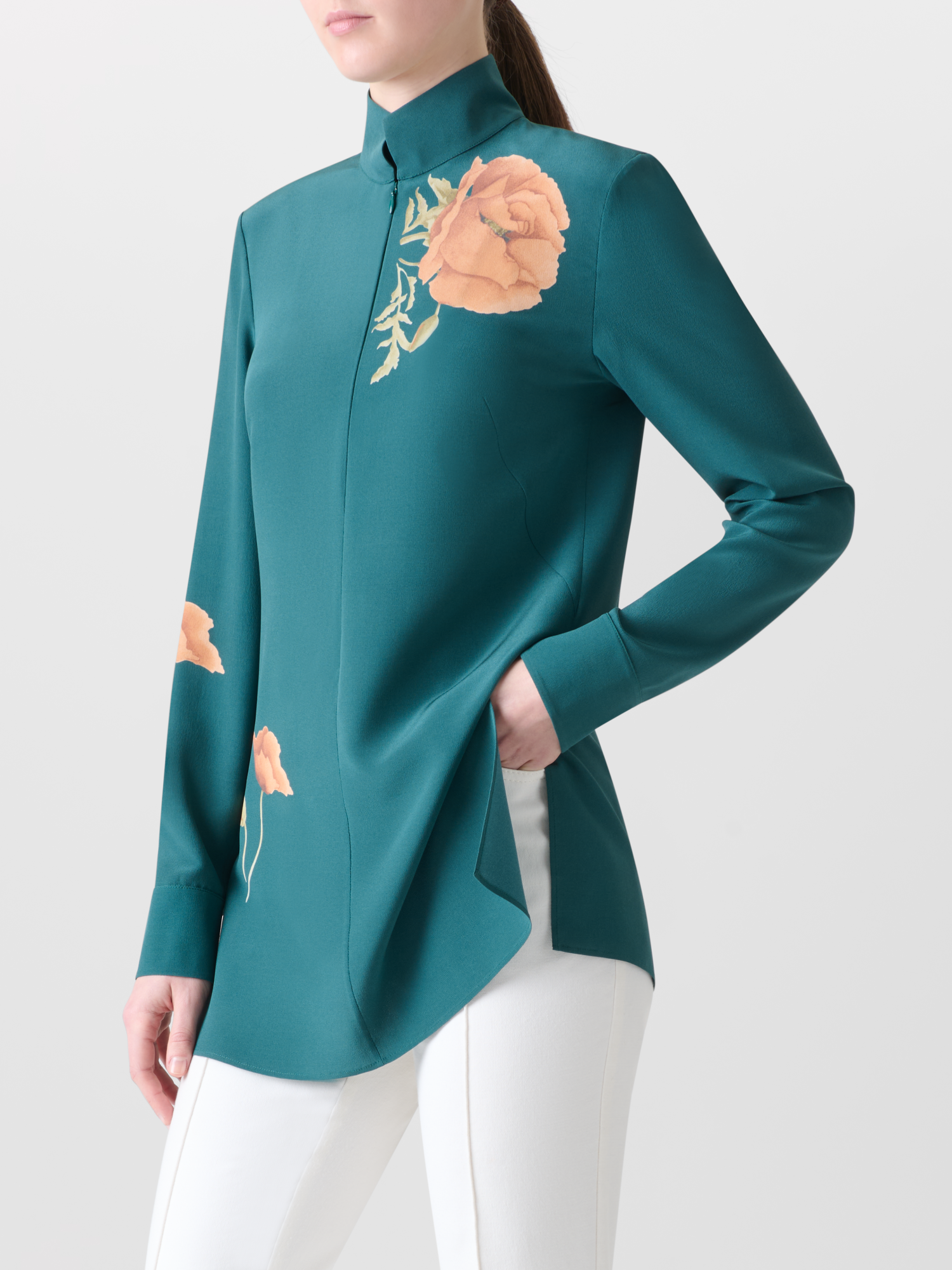 Designer Silk Tunic Blouse with Anemone Print - green - multicolor 