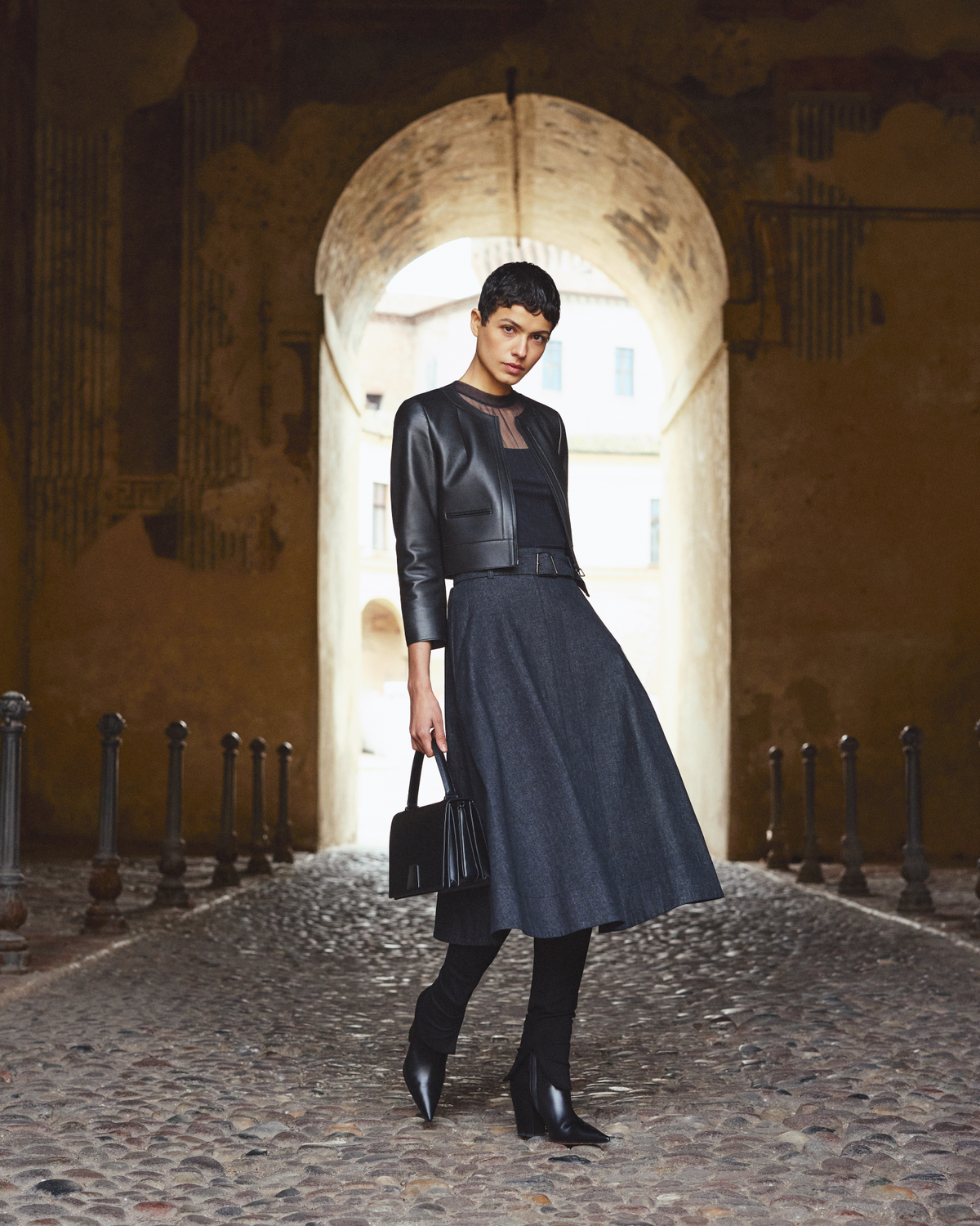 Designer Cropped Leather Jacket with Crew Neck - black - neutral #editorial