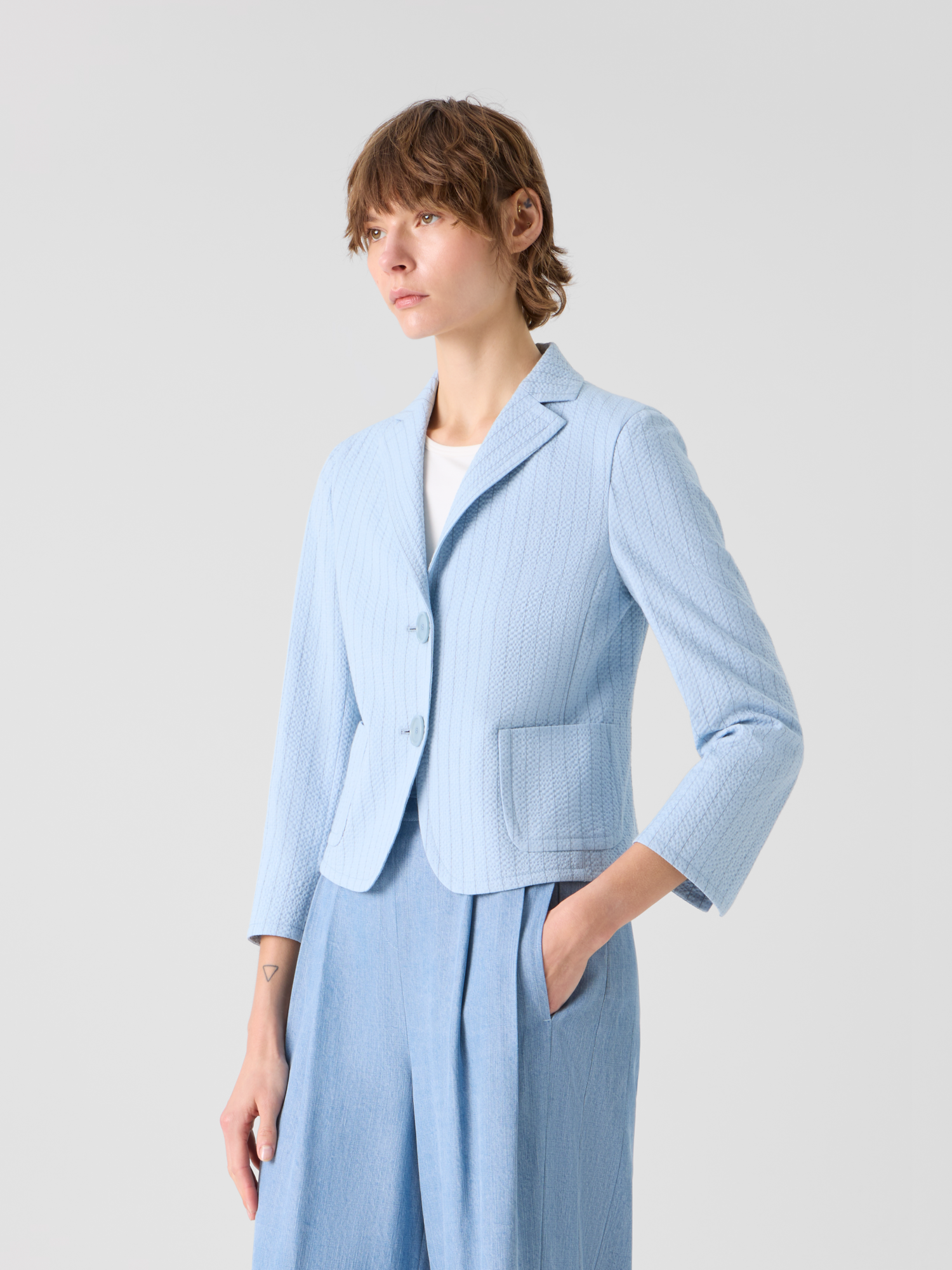 Designer Fitted Cotton Stripe Seersucker Lapel Jacket - blue 