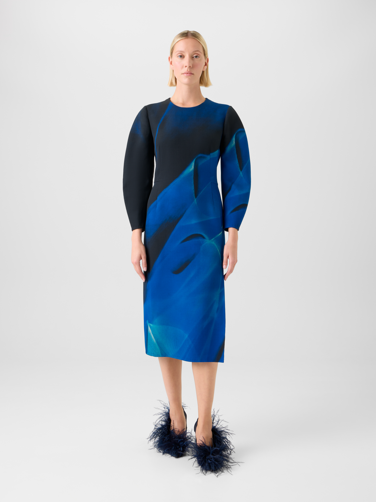 Designer Barrel Sleeve Dress in Alyson's Cyanotype Print - blue - multicolor #editorial