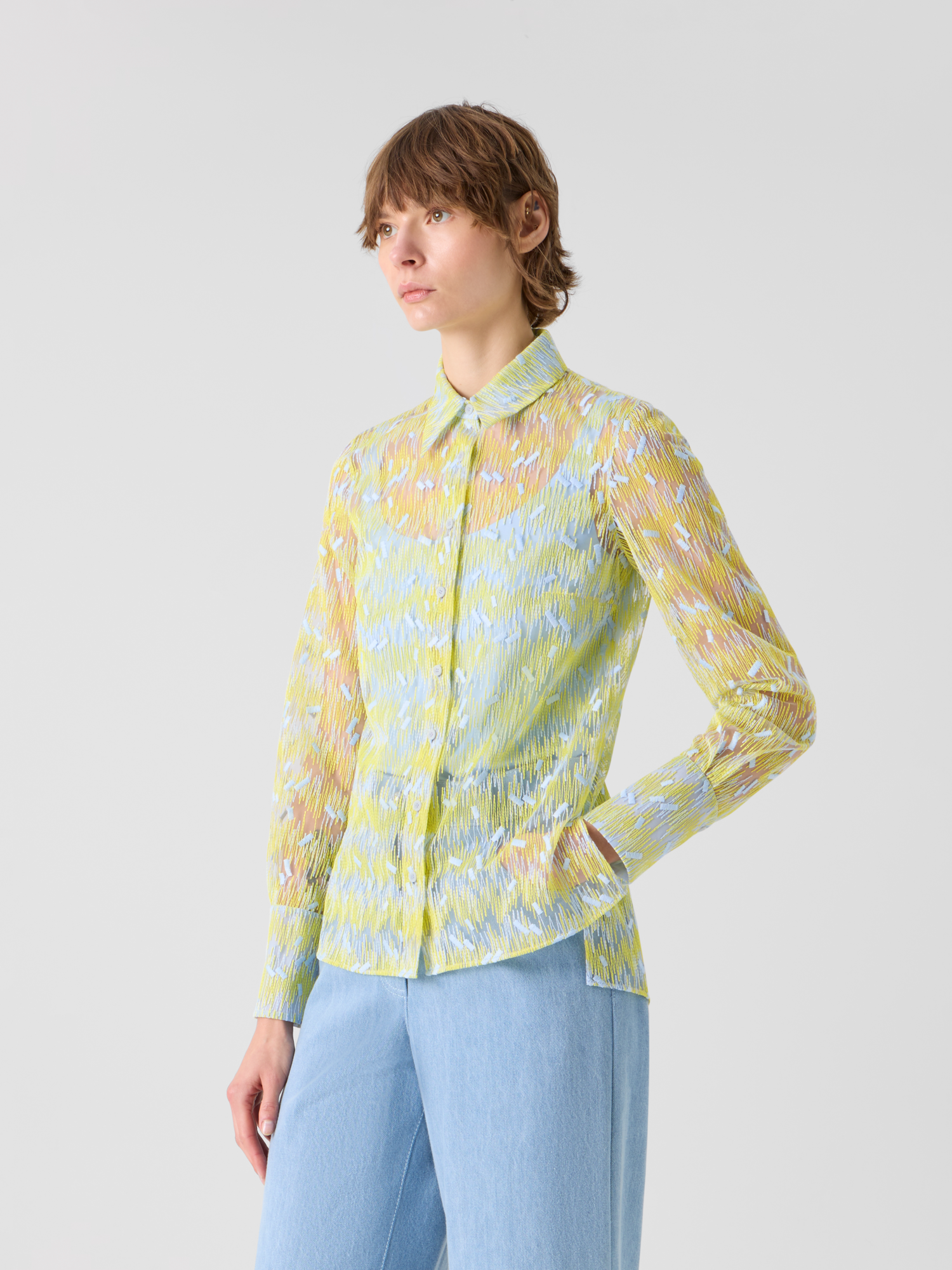 Designer Scribble Dot Embroidered Tulle Blouse - yellow 