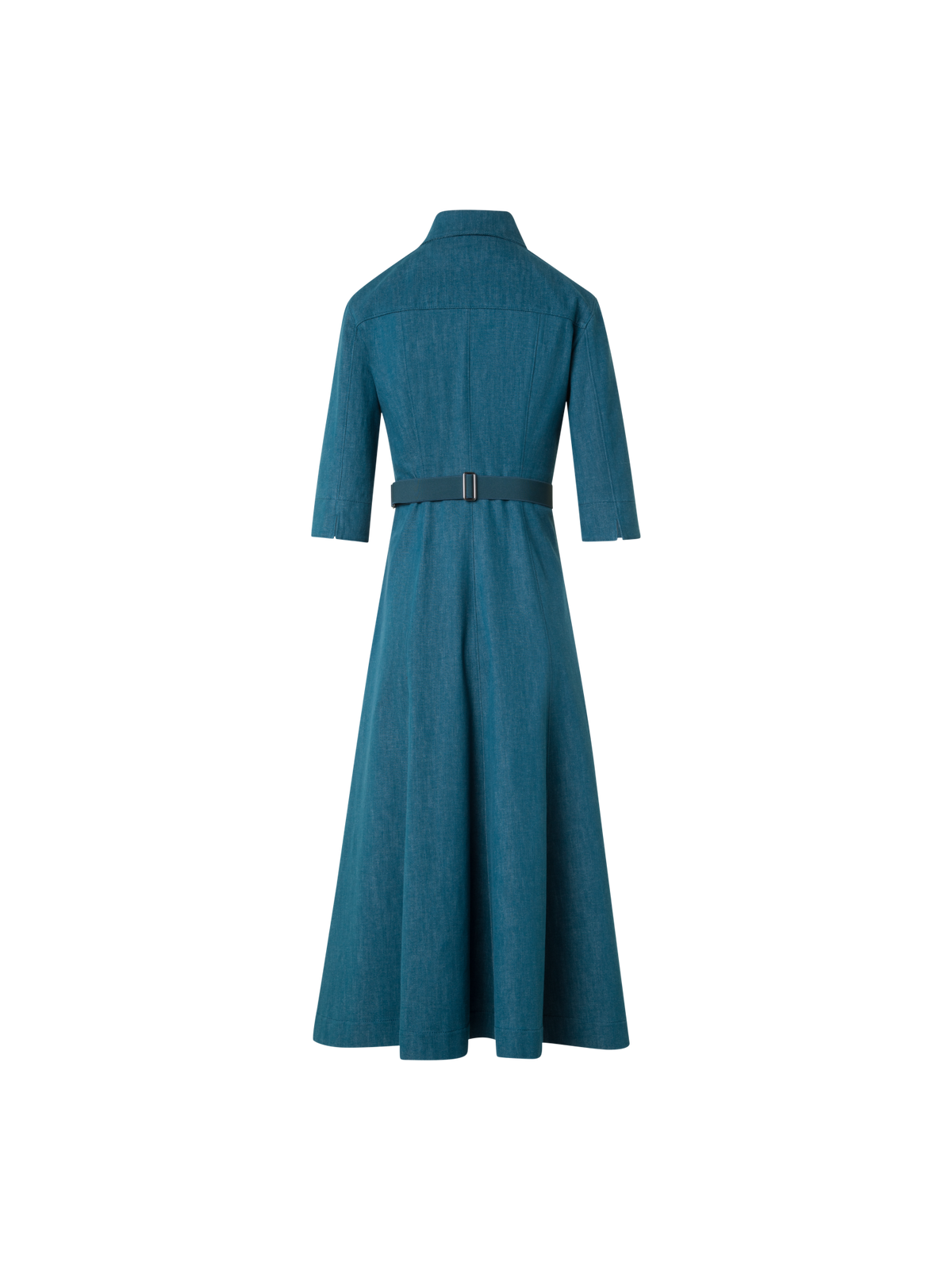 Designer Flared Midi Shirt Dress in Cotton Denim - green