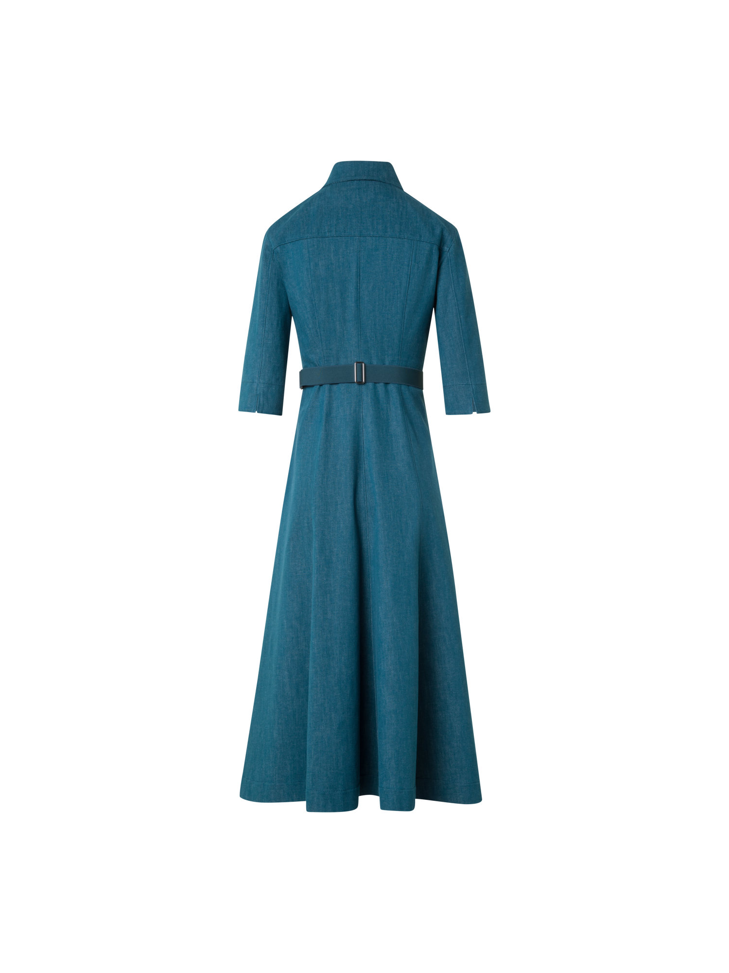 Designer Flared Midi Shirt Dress in Cotton Denim - green