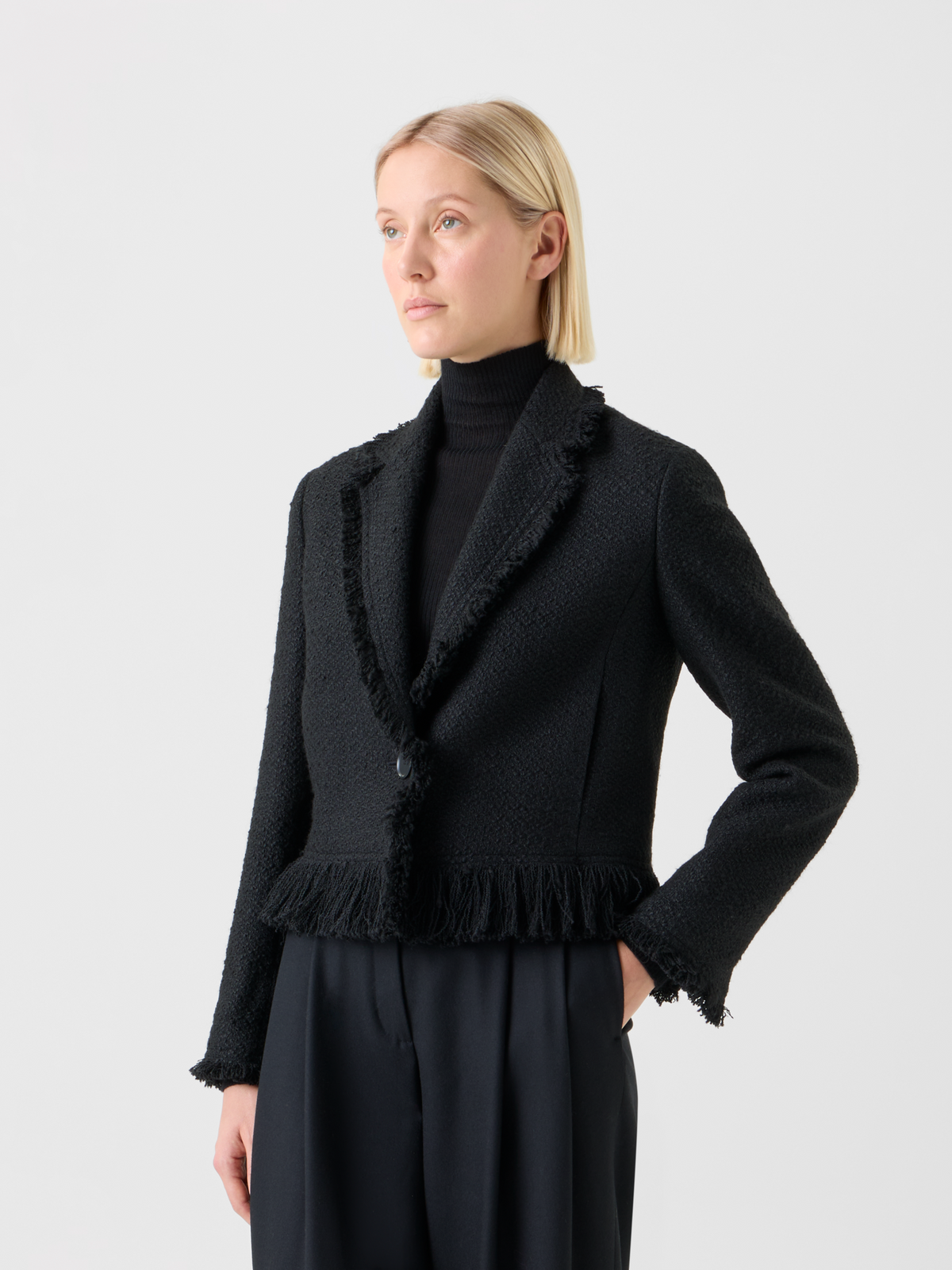 Cropped Bouclé Tweed Jacket with Fringe Hem – Akris Inc. Cropped Bouclé Tweed Jacket with Fringe Hem – Akris Inc.