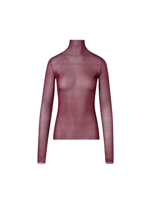 Designer Transparent Silk Fine Rib Sweater with Thumb Holes - red