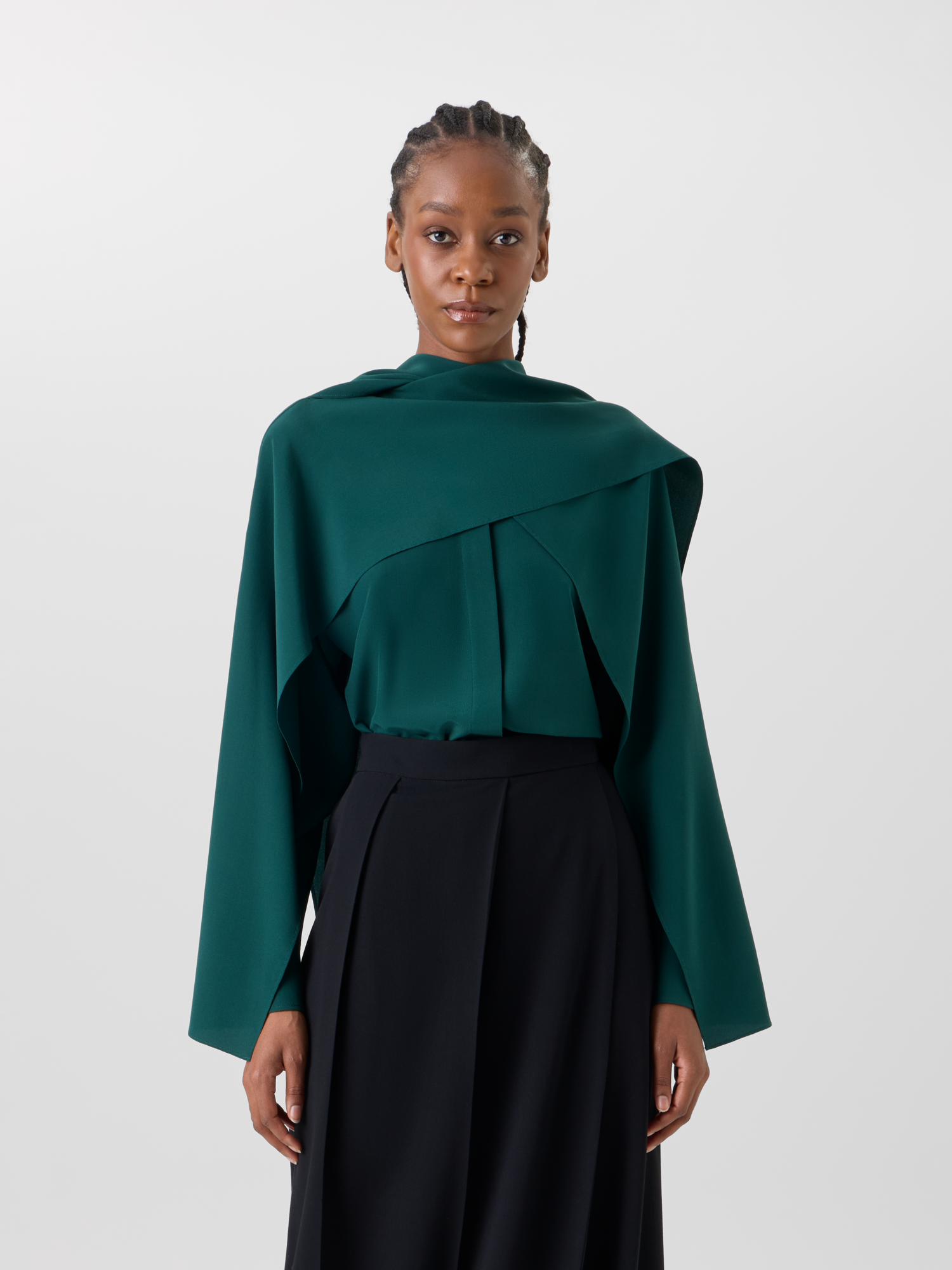 Designer Silk Crêpe Blouse with Flared Panel Sleeves - green 