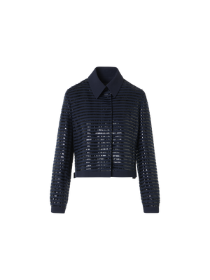 Designer Lamé Fringes Embroidered Wool Short Jacket - navy