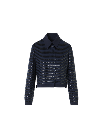 Designer Lamé Fringes Embroidered Wool Short Jacket - navy