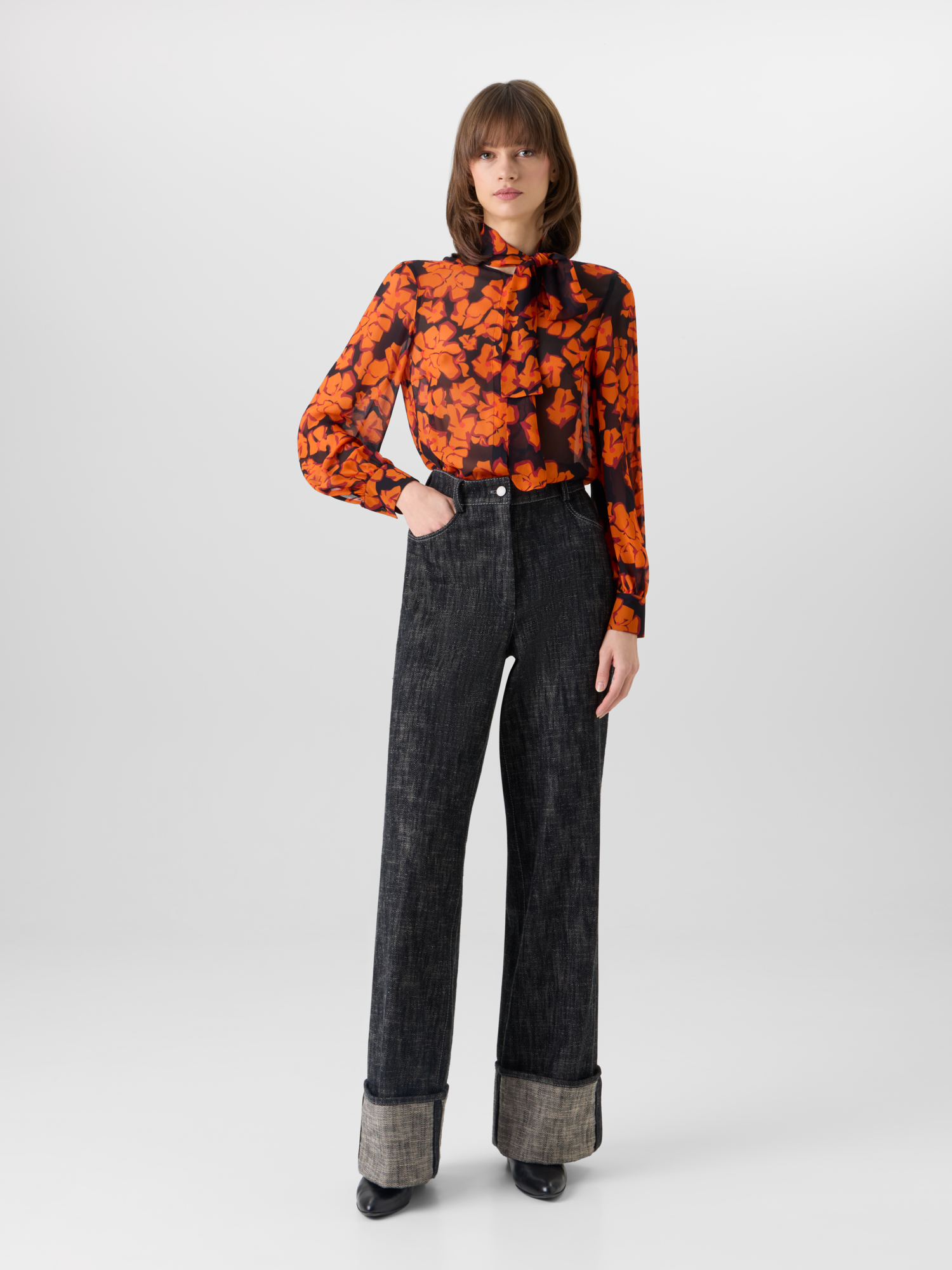 Designer Long-Sleeve Papercut Flower Blouse - multicolor 
