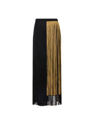 Designer Silk Pencil Skirt with Oro Lienzo Fringes - black - gold - multicolor
