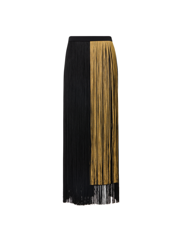 Designer Silk Pencil Skirt with Oro Lienzo Fringes - black - gold - multicolor