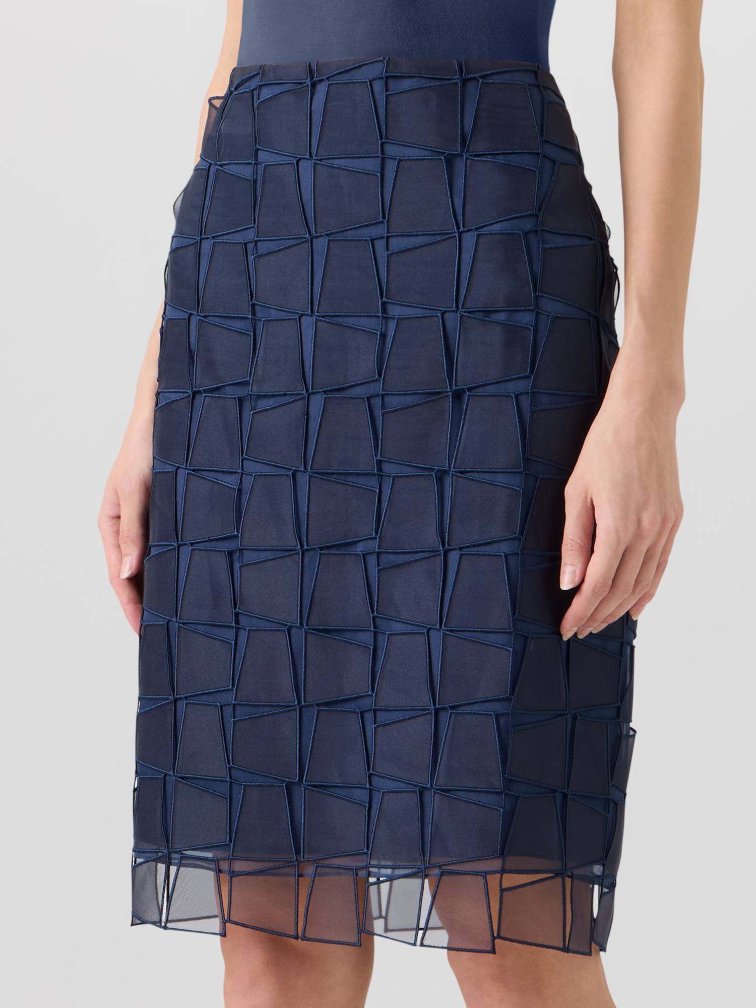 Designer Trapezoid Organza Pencil Skirt - navy 