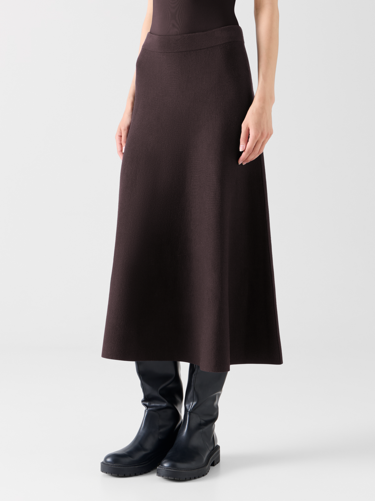 Designer Milano Knit Flared Midi Skirt - brown 