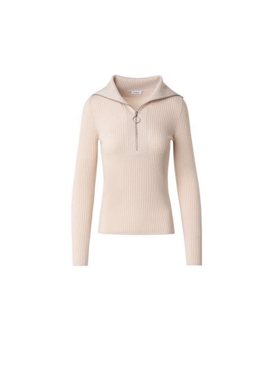 Designer Virgin Wool Knit Sweater with Big Collar - ecru - beige - white