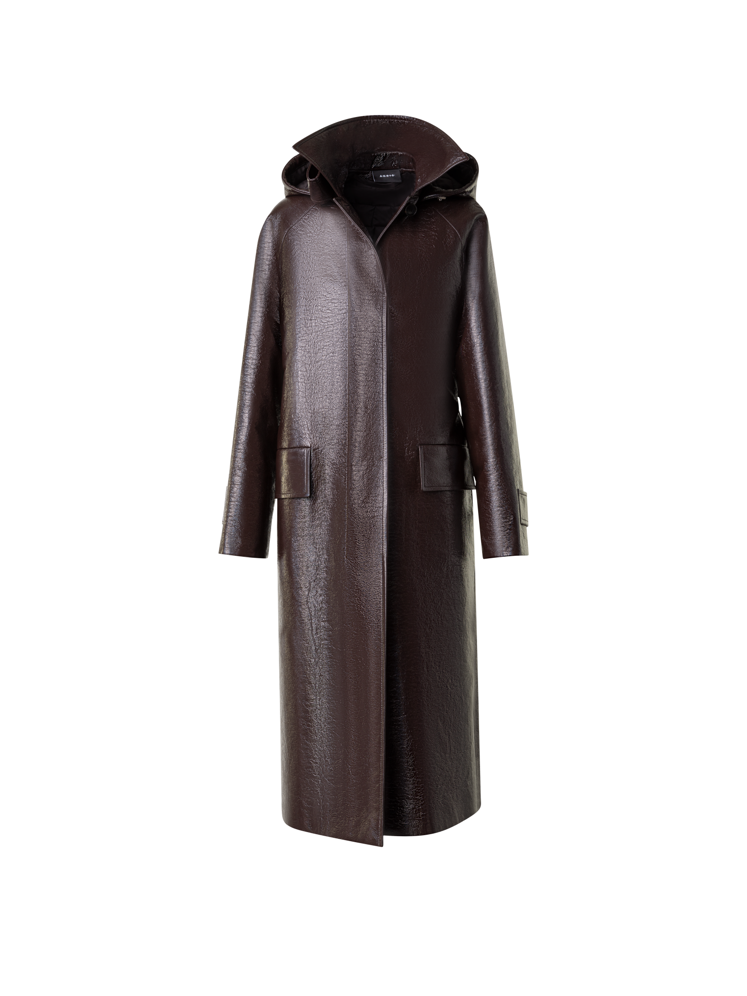 Designer Lacquer Cotton Trench Coat with Detachable Hood - brown