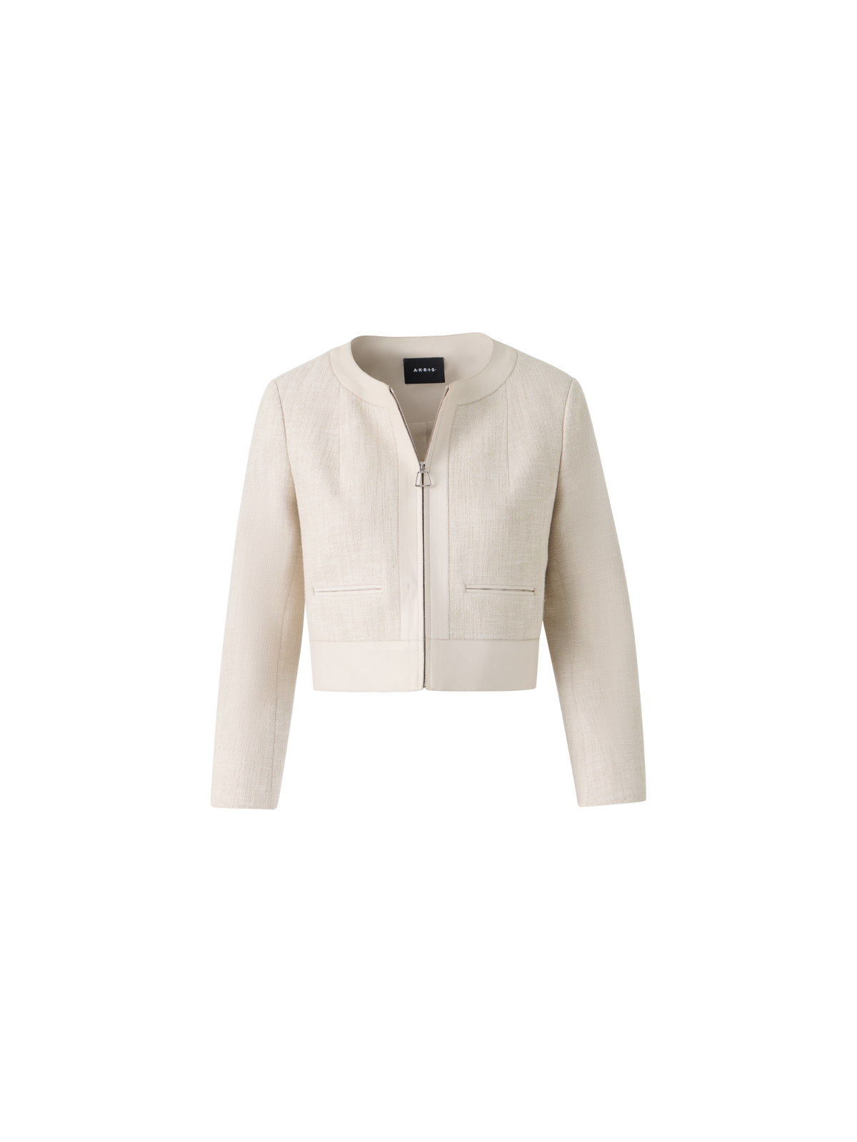 Designer Short Jacket in Cotton Denim with Leather Trim - neutral - ecru - white